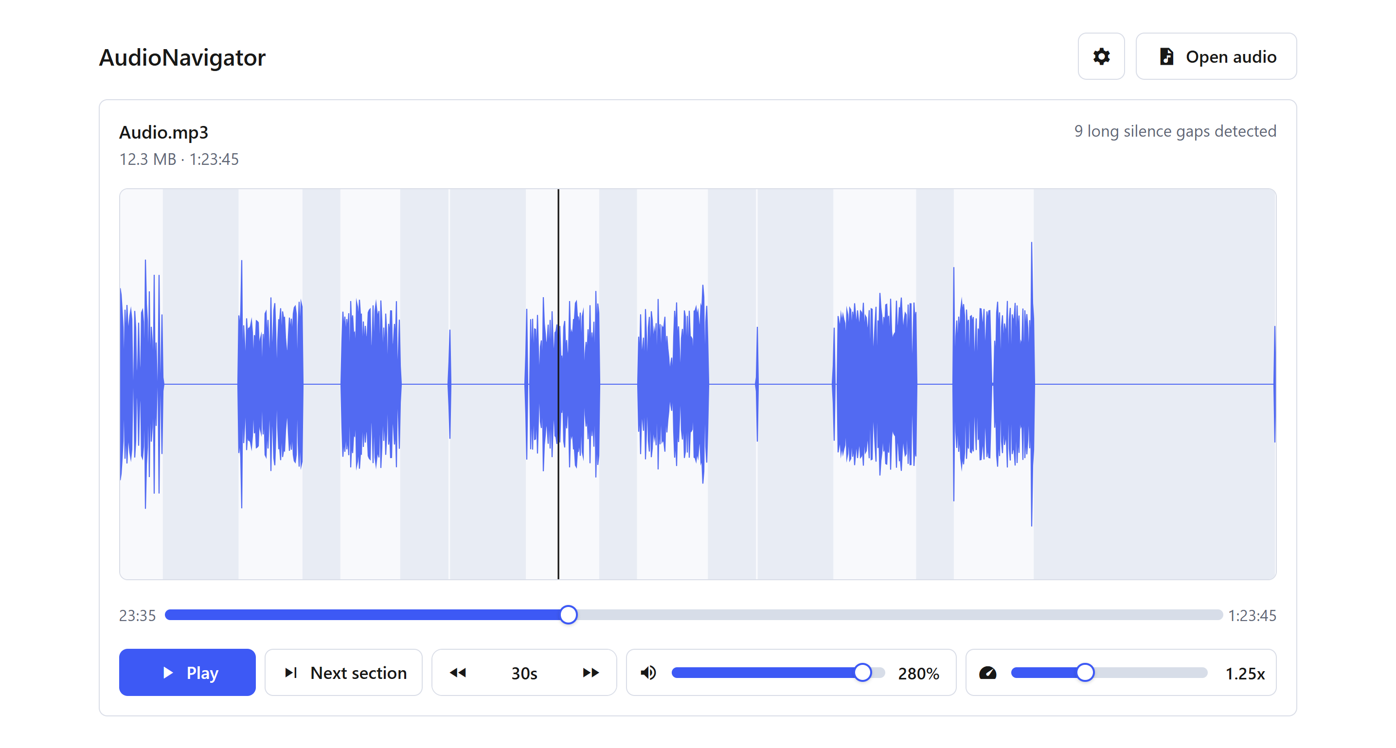 AudioNavigator showing a loaded waveform, playback controls, and detected silence gaps.